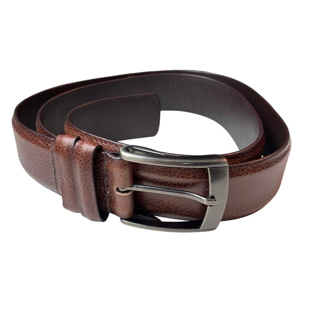 Rumi Tulliani Italian Calfskin Brown Leather Belt Men's 44 Brushed Silver Tone
